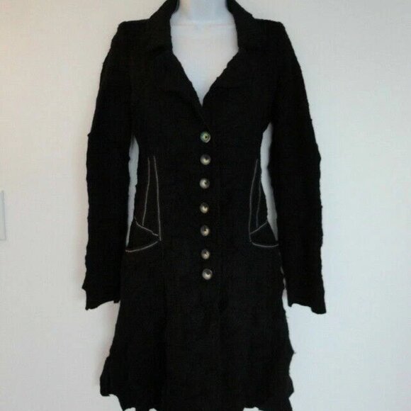 ANTONELLO Black Boiled Wool Button Front A Line Long Coat Jacket Small S Italy - Picture 1 of 9